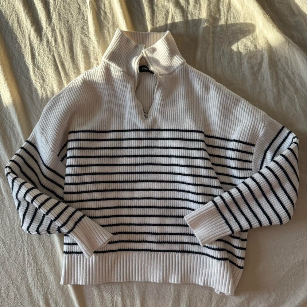 Mango Cream Ribbed Half-Zip Sweater